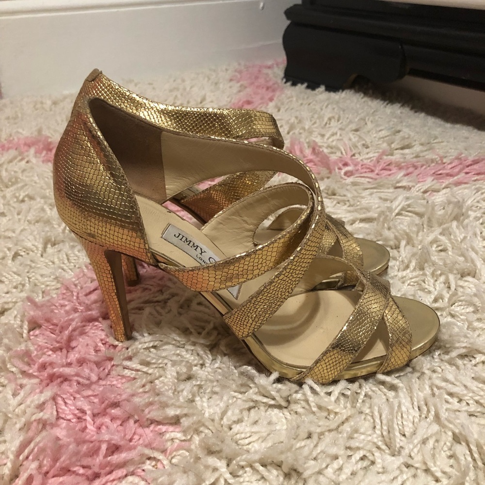 Gold Snakeskin Embossed Jimmy Choo Strappy Sandals 39